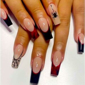 Vamp Goth Halloween Spider & French Tip 24 Piece Black Red Coffin Nails